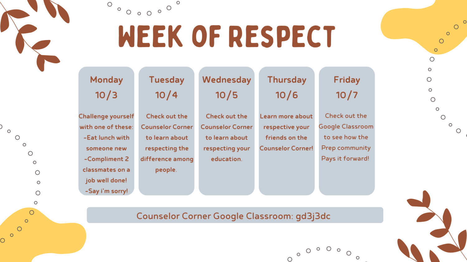 Week of Respect schedule for Prep The Boulevard Online