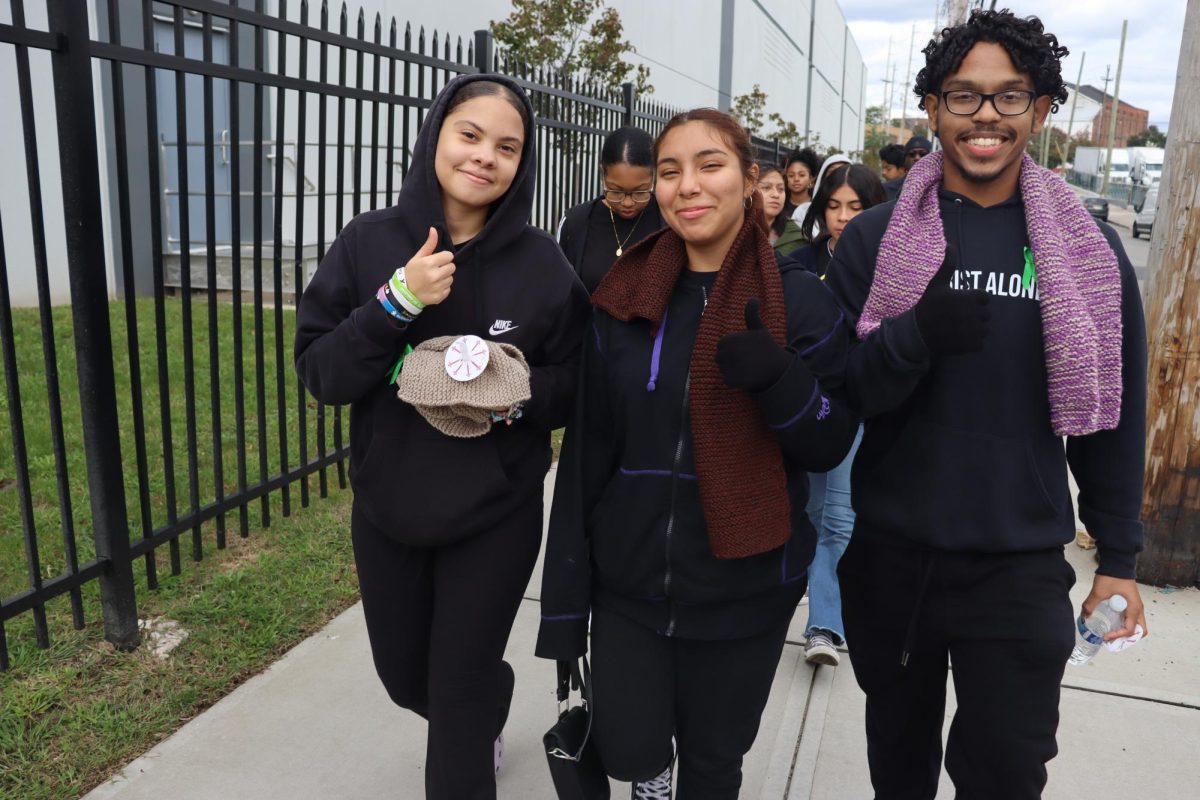 Passaic Prep seniors, from left to right, Giselle Robinson, Eliana Mendoza, Francisco Olivo, march to support the cause!
