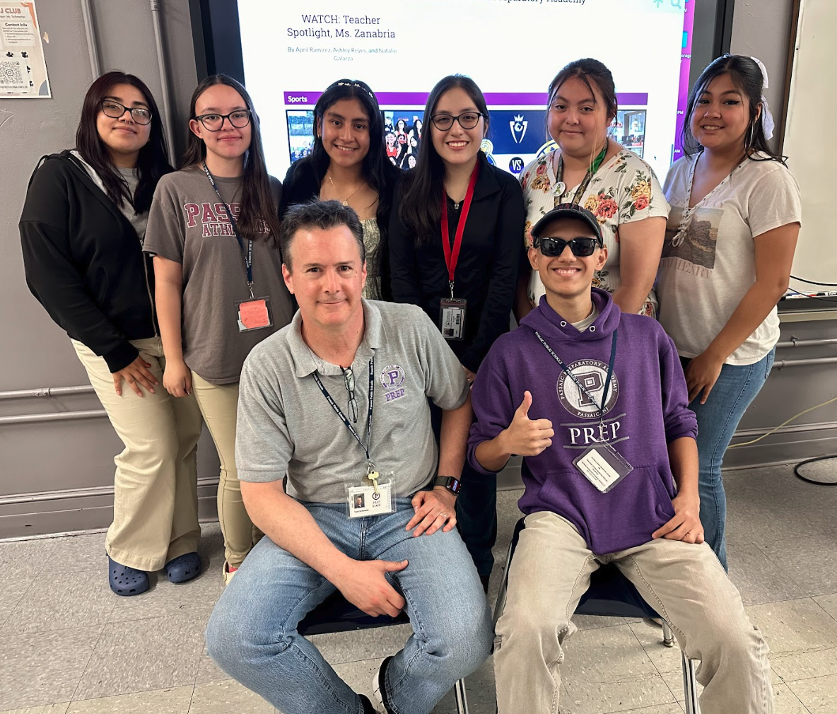 The Editorial Staff for The Boulevard Online, 2024-25, left to right: Destiny Lopez, Features Editor; Natalie Galarza, Features Editor; Stephanie Bautista, Photo/Video Editor; Francesca Penaloza, News Editor; Yadira Gonzalez, News Editor; Angelie Aguilar, Graphics Editor. Seated, left to right: Mr. Schmerler, Staff Advisor; Julian Carrera, Editor-In-Chief.