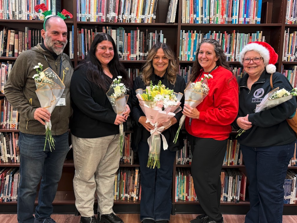 Teacher of the Year nominees for 2025, along with winner Ms. DiRenzi: Left to right, Mr. Stamat, Ms. Martin, Ms. DiRenzi, Ms. Reilly, Ms. LoPuzzo.